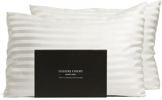 Fishers Finery 30mm 100% Pure Mulberry Silk Pillowcase 2 Pack, Quality Tested (White Stripe, Queen, 2 Pack)