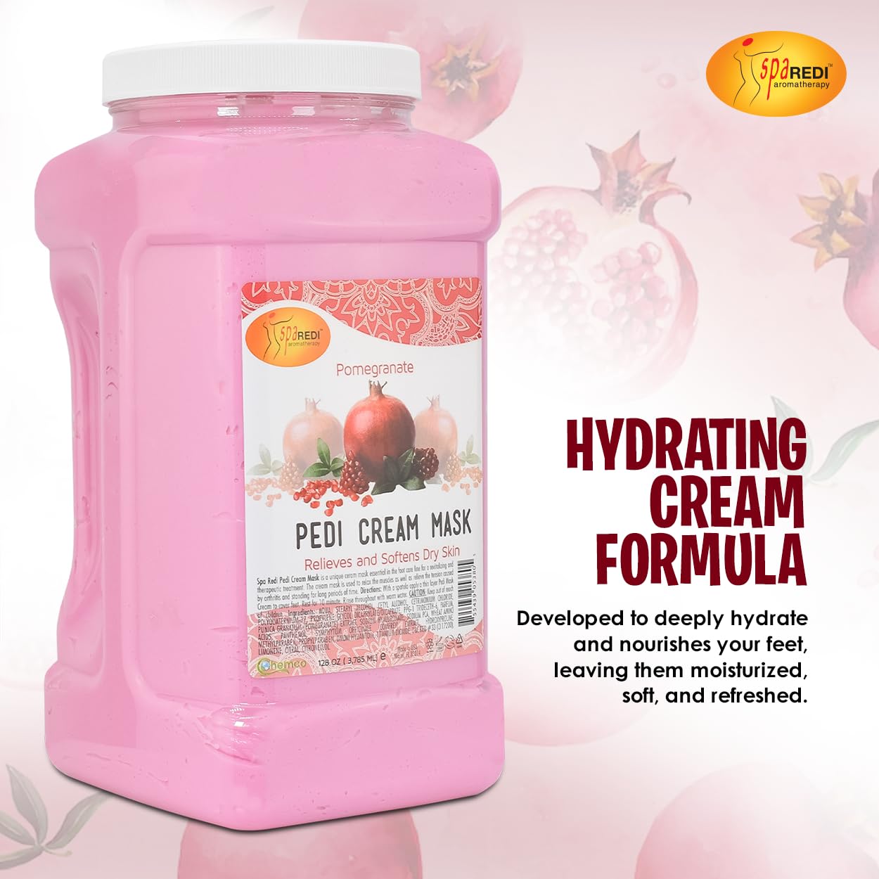 SPA REDI - Body and Foot Cream Mask, Pomegranate, 128 Oz - Pedicure Massage for Tired Feet and Body, Hydrating, Fresh Skin - Infused with Hyaluronic Acid, Amino Acids, Panthenol, Comfrey Extract