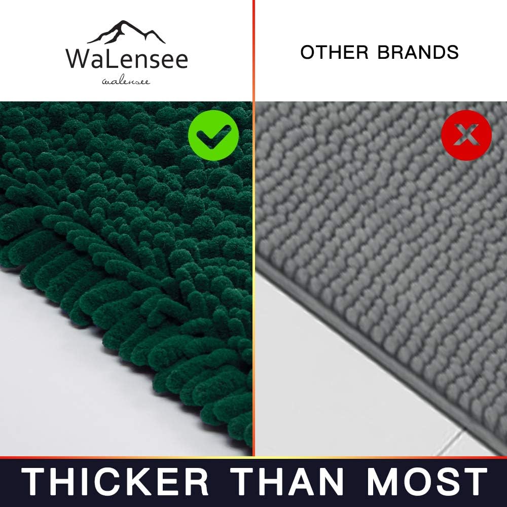 Walensee Bathroom Rug 2 Pieces Set Non Slip Bath Mat (20"x32" Plus 20"x24" U Hunter Green) Water Absorbent Super Soft Shaggy Chenille Machine Washable Dry Extra Thick Perfect Carpet for Shower Floor