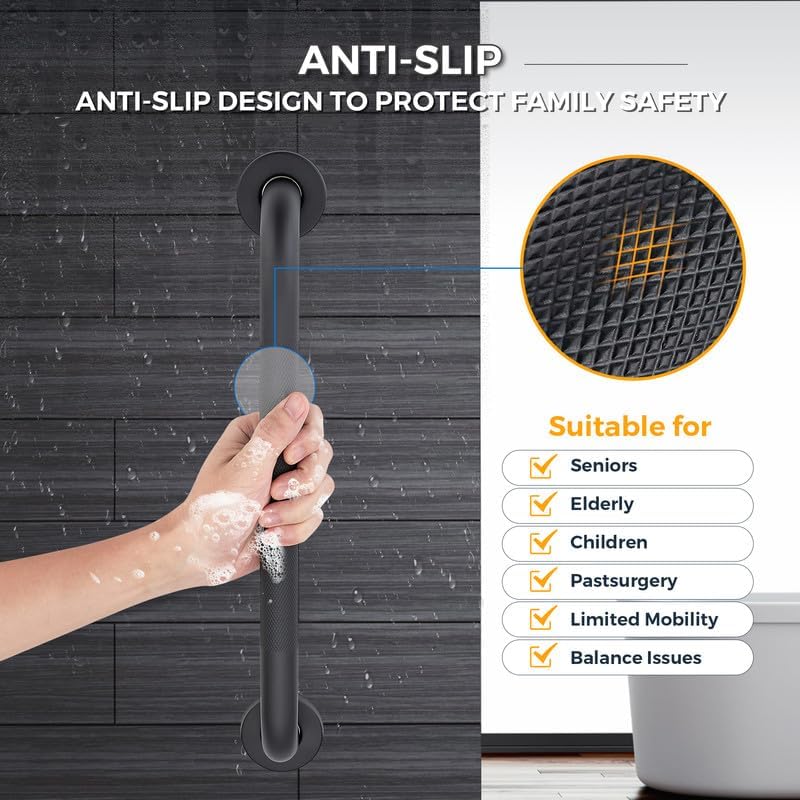 Grab Bars for Shower, 1 Pack 24-Inch Anti Slip Shower Handles for Elderly, Safety Shower Grab Bar, Stainless Steel Handicap Grab Bars for Bathroom (Black 1" Diameter)