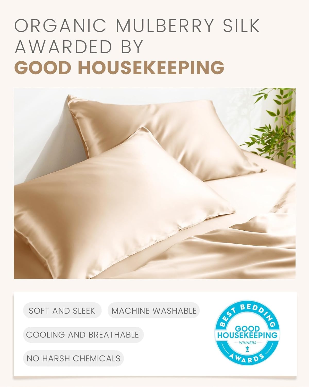 THXSILK 100% Mulberry Silk Pillowcase for Hair and Skin, Grade 6A+ Mulberry Silk Pillow Case, Natural Mulberry Silk Pillow Case with Zipper (California King Size 20"x40", Beige, 1pc)