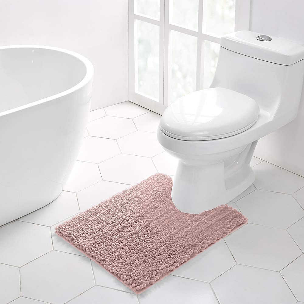 Walensee Bathroom Contour Rug Non Slip Toilet U Shaped Bath Mat (20x24, Dusty Pink) Water Absorbent Super Soft Shaggy Chenille Machine Washable Dry Extra Thick Perfect Absorbant Best Plush Carpet