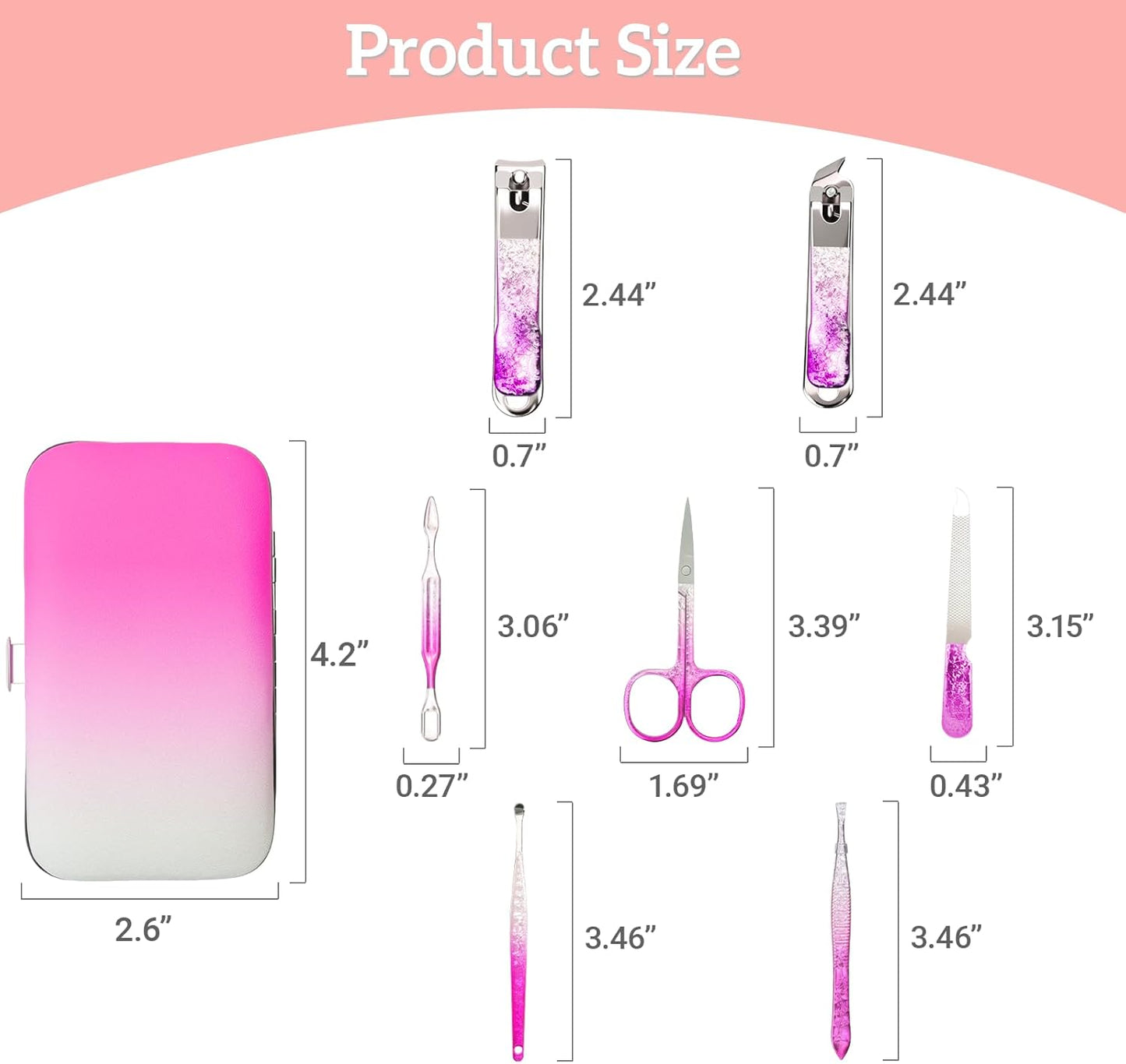 Nail Clippers Set 7 in 1 Stainless Steel, Colorful Manicure Kit Scissors Pedicure Tools Kit with Luxurious Travel Case- Portable Travel Grooming Kit Gift for Women