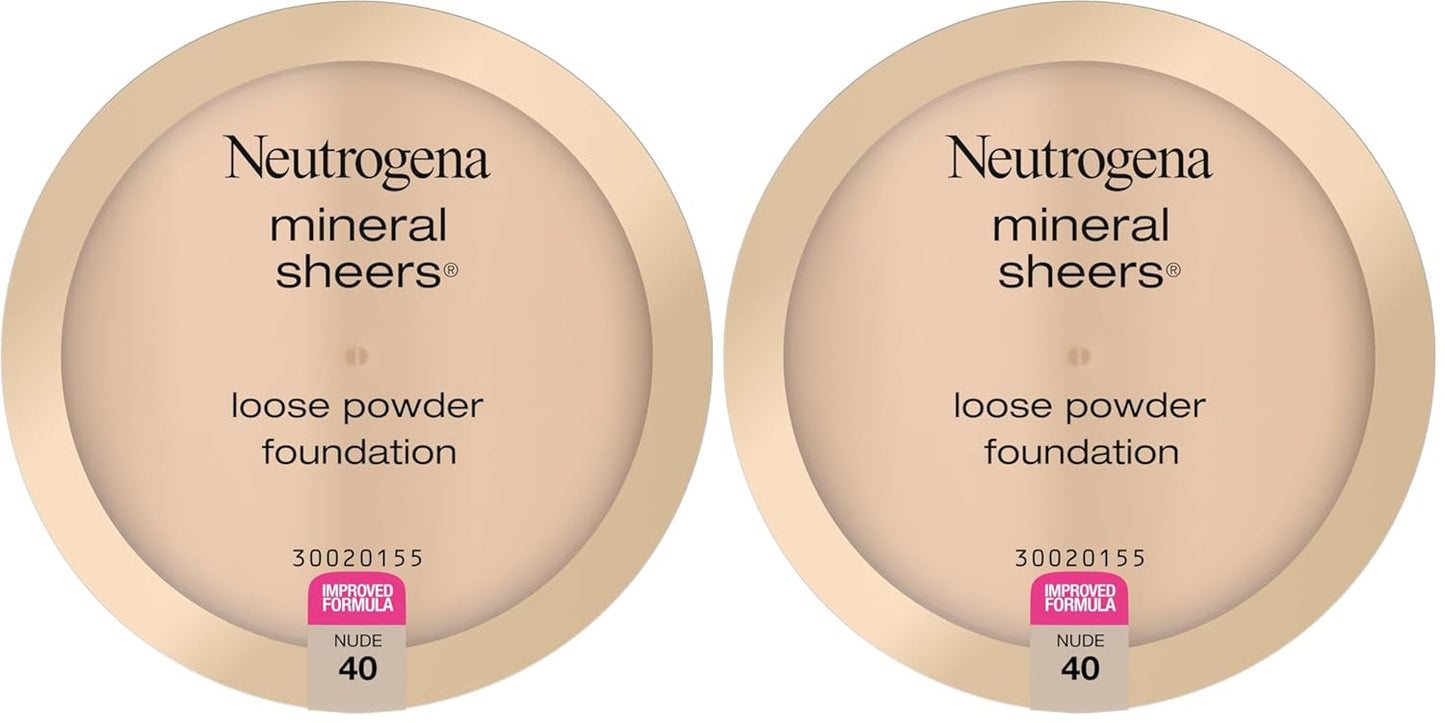 Neutrogena Mineral Sheers Lightweight Loose Powder Makeup Foundation with Vitamins A, C, & E, Sheer to Medium Buildable Coverage, Skin Tone Enhancer, Face Redness Reducer, Nude 40,.19 oz (Pack of 2)