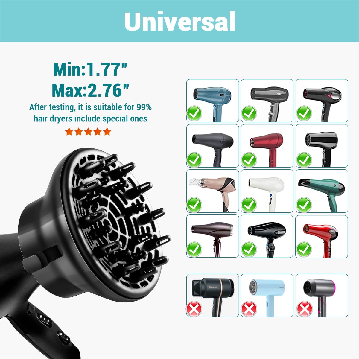 KAHEM Universal Hair Diffuser, Adjustable from 1.77 Inch to 2.76 Inch, Hair Dryer Diffuser Attachment for Frizz-free curly hair,Professional Blow Dryer Diffuser
