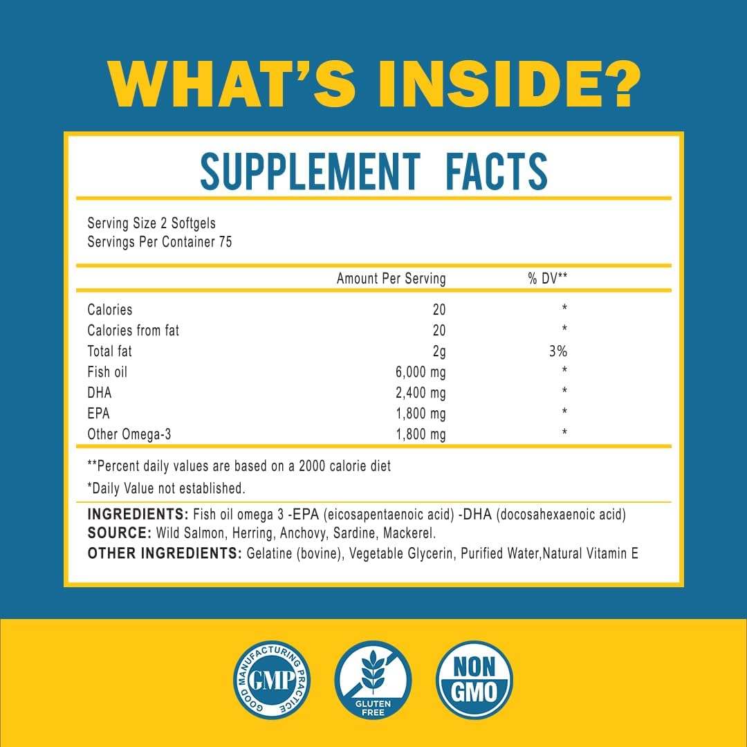 Omega 3 Fish Oil with Maximum EPA DHA - Supports Brain, Liver, Heart & Immunity - Made in The USA - 150 Softgels