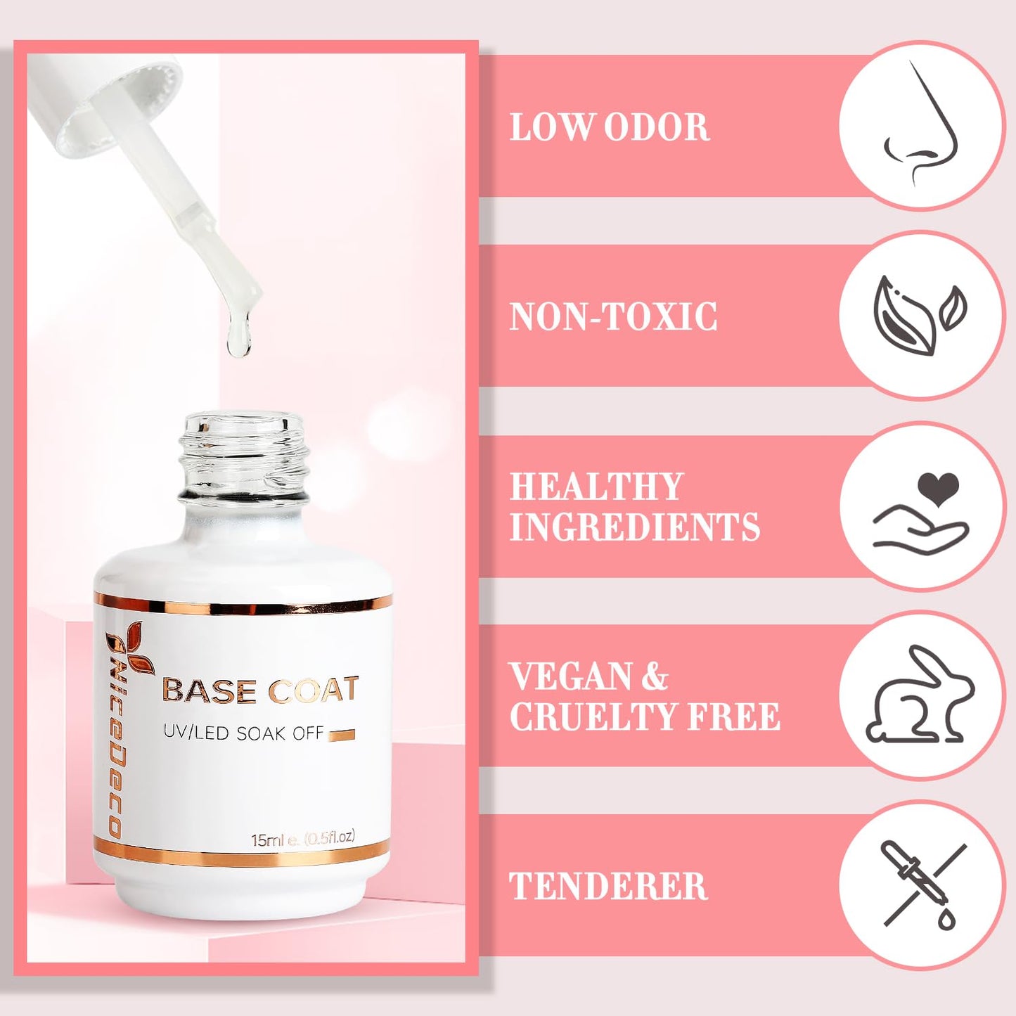 Nicedeco Gel Nail Polish Base Coat 15ml Soak Off Hema Free Long-Lasting DIY Home and Nail Salon