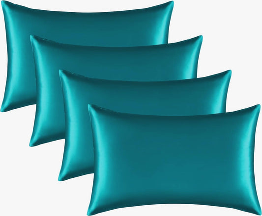 Satin Silk Pillowcase for Hair and Skin, Black Pillow Cases Standard Size Set of 4 Pack Super Soft Pillow Case with Zipper Closure (Teal, Standard(4 Pack))