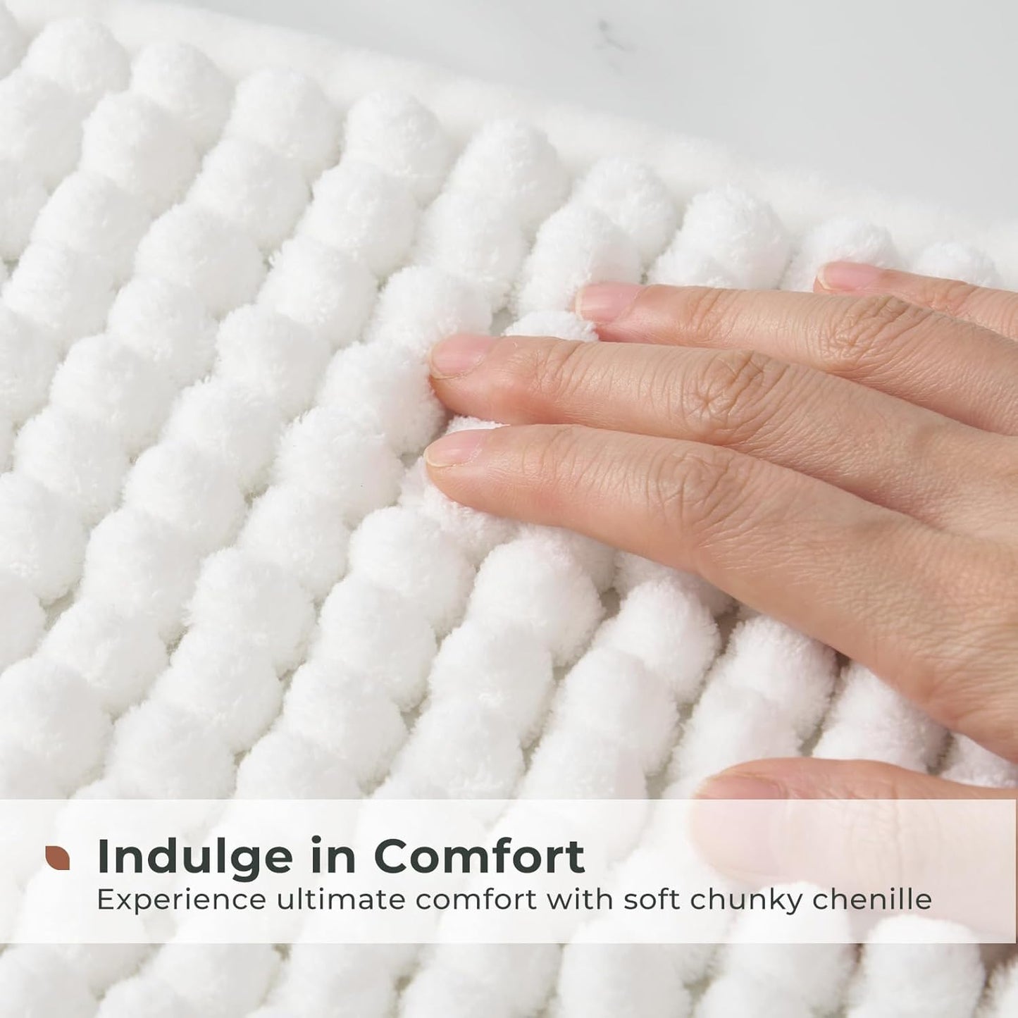 FRESHMINT Thick Chunky Chenille Bathroom Rug, 24"x36", Non Slip Bath Mat, Soft Bathroom Decor, Cute Shower Mat, Water Absorbent, Washable, Bright White