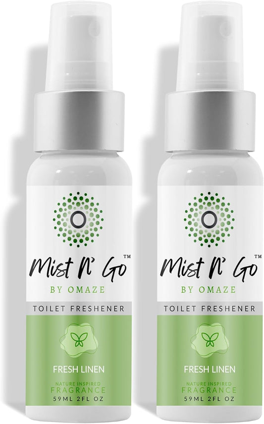 Mist N’ Go by Omaze Travel Bathroom Spray for Toilet Spray Odor Eliminator - Travel Toilet Spray for Bathroom Air Freshener Spray for Bathroom Deodorizer - Fresh Linen Regular Size (2oz x2)