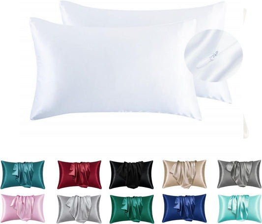 Juwenin Bedding,Luxury Satin Pillowcase with Zipper (Silky Satin Pillow Case for Hair) Set of 2 (White, Queen(20''x29''))