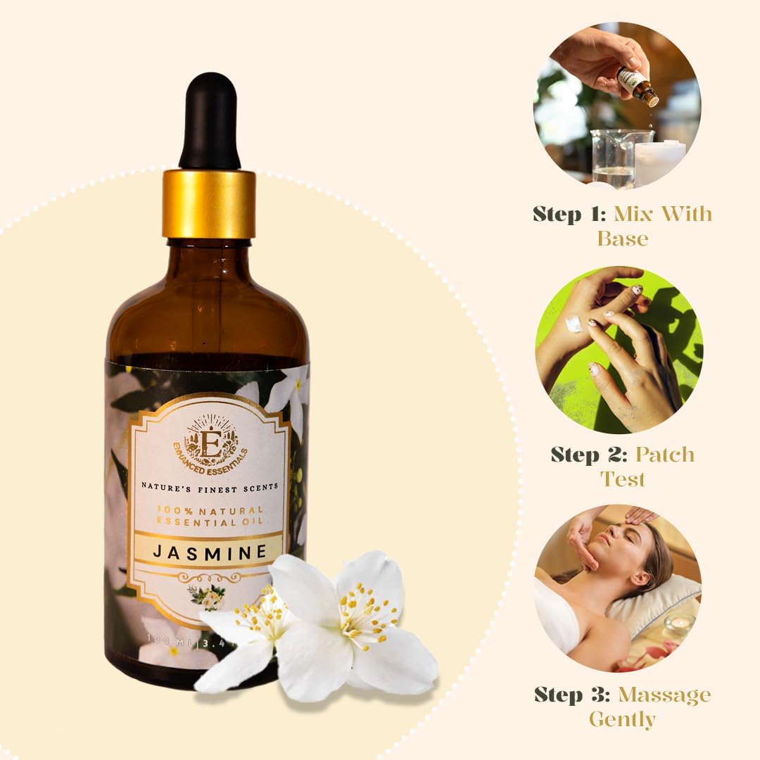 Luxurious Jasmine Essential Oil by Enhanced Essentials| Slow Distilled & Exotic| for Home,Diffusers,Skin & Hair Care,Aromatherapy,Bath,Perfume,Soap & Candle Making|with Glass Dropper| 1 fl oz (30 ml)