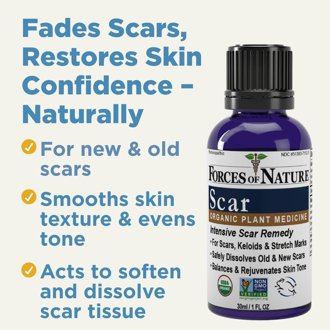 Forces of Nature Scar Treatment, Reduce Stretch Marks, Surgical Scars, Old and New Scars, Burn Scars, and Keloids, Organic Homeopathic Medicine for Skin Care, Promotes Healthy Skin, 1 FL OZ