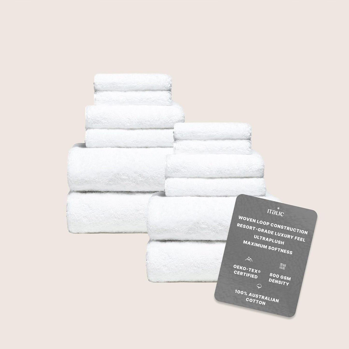 Italic Ultraplush 12-Piece Family Towel Set – Luxury Bath Towels, Hand Towels & Washcloths – Quick Dry, Plush & Absorbent 800GSM 100% Australian Cotton for Bathroom & Spa (White)