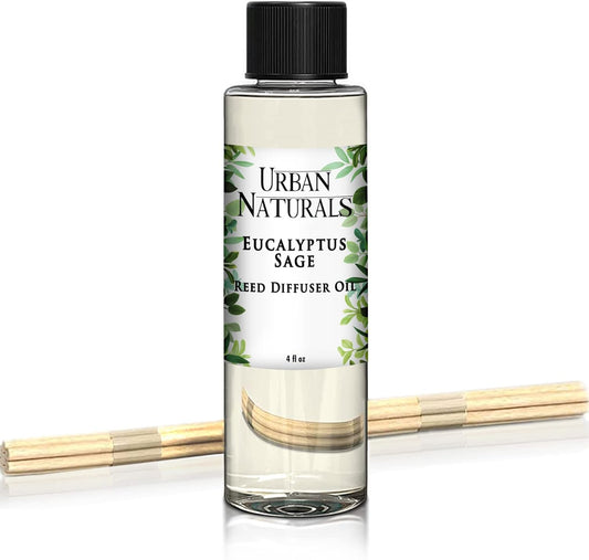 Urban Naturals Eucalyptus & Sage Oil Reed Diffuser Refill | Eucalyptus, Sage, Mint, Lime and Cedarwood| Includes a Free Set of Reed Sticks! 4 oz
