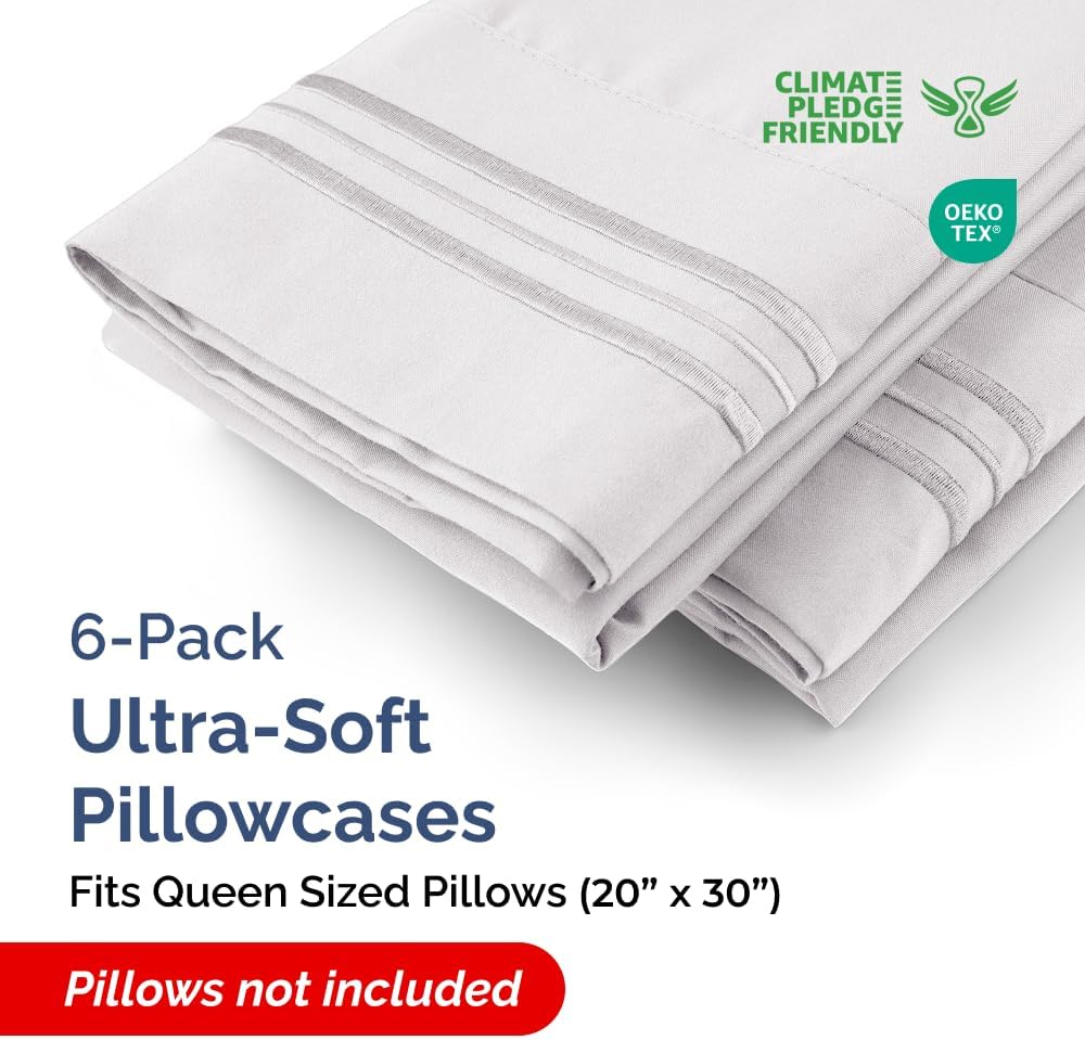 Queen Pillow Cases Set of 6 - Ultra Soft Hotel Quality Pillowcase Covers - Comfy, Cozy & Wrinkle Free - Shrink, Stain & Fade Resistant - Machine Washable Pillow Protectors - 6 Piece Set - French Grey