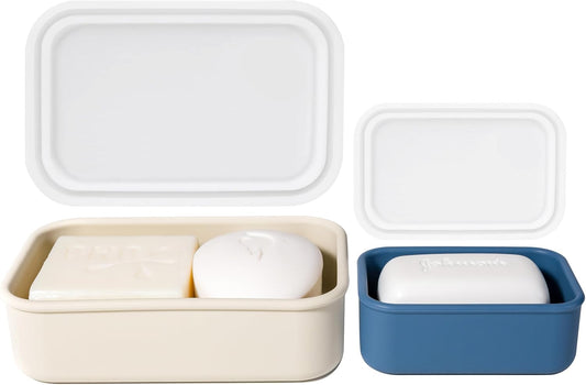 2PC Portable Leakproof Travel Soap Case, Silicone Travel Soap Case, Compact Soap Holder with Drainage Layer, Travel Soap Holder for Camping, Gym, Outdoor milkywhite&darkblue