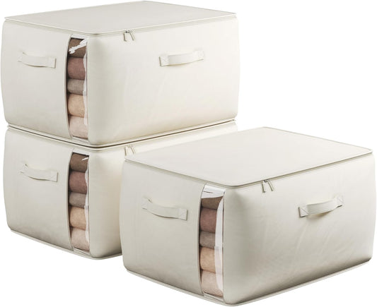Large Canvas Clothes Storage Bags with Thick Handles and Clear Window, Foldable Cotton Linen Underbed Closet Organizer for Clothing, Blankets and Bedding, 60L, 3 Pack, Beige