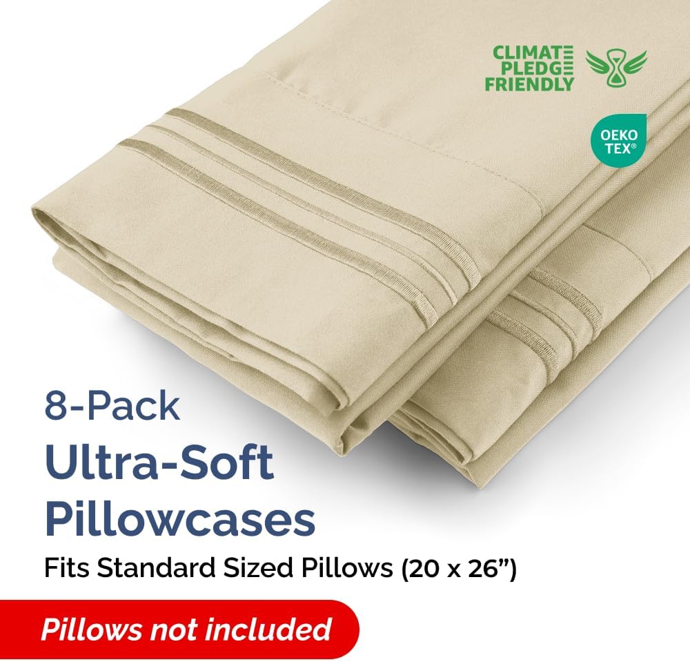 Standard Pillow Cases Set of 8 - Ultra Soft Hotel Quality Pillowcase Covers - Comfy, Cozy & Wrinkle Free - Shrink, Stain and Fade Resistant - Machine Washable Pillow Protectors - 8 Piece Set - Cream