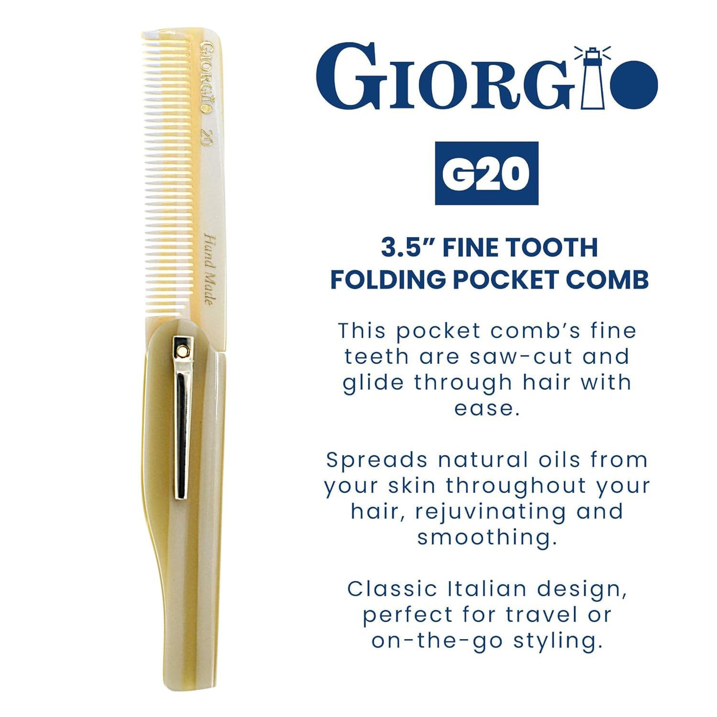 Giorgio G20 Fine Tooth Folding Mustache and Beard Comb 6.5 Inches - Small Pocket Comb for Everyday Hair Care and Styling - Sawcut and Hand Polished (Ivory)