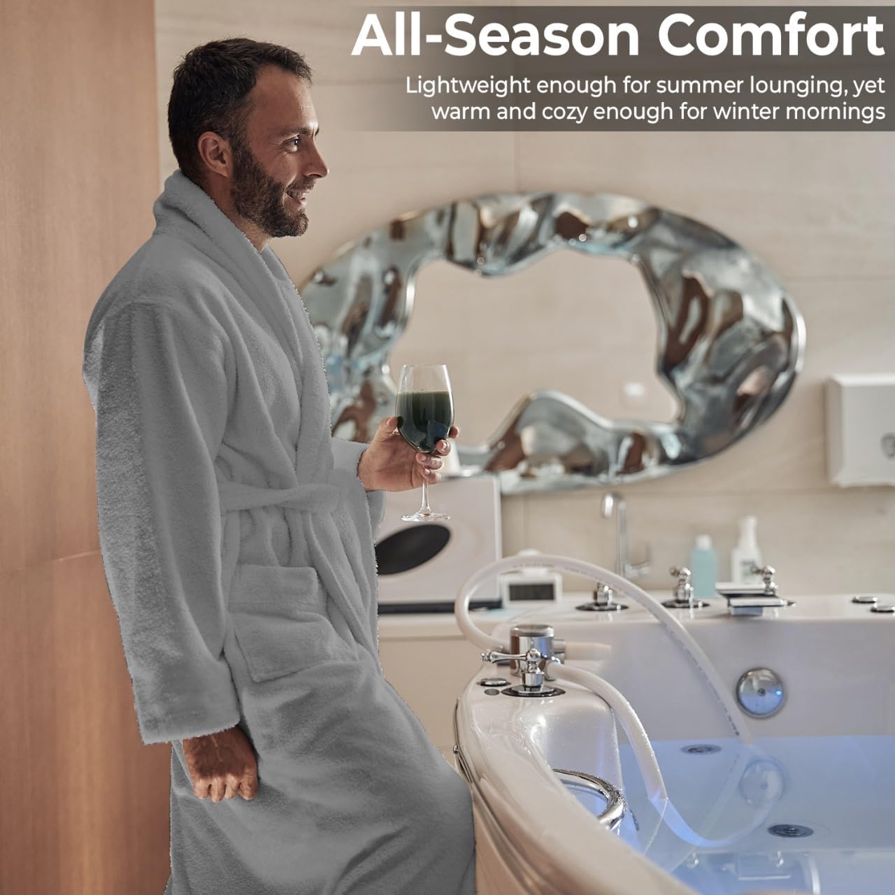 Men’s Hooded Bathrobe, 100% Cotton Terry Bathrobe, Spa Style Bath Robe, Absorbent Shower Robe, Lightweight Towel Bathrobes