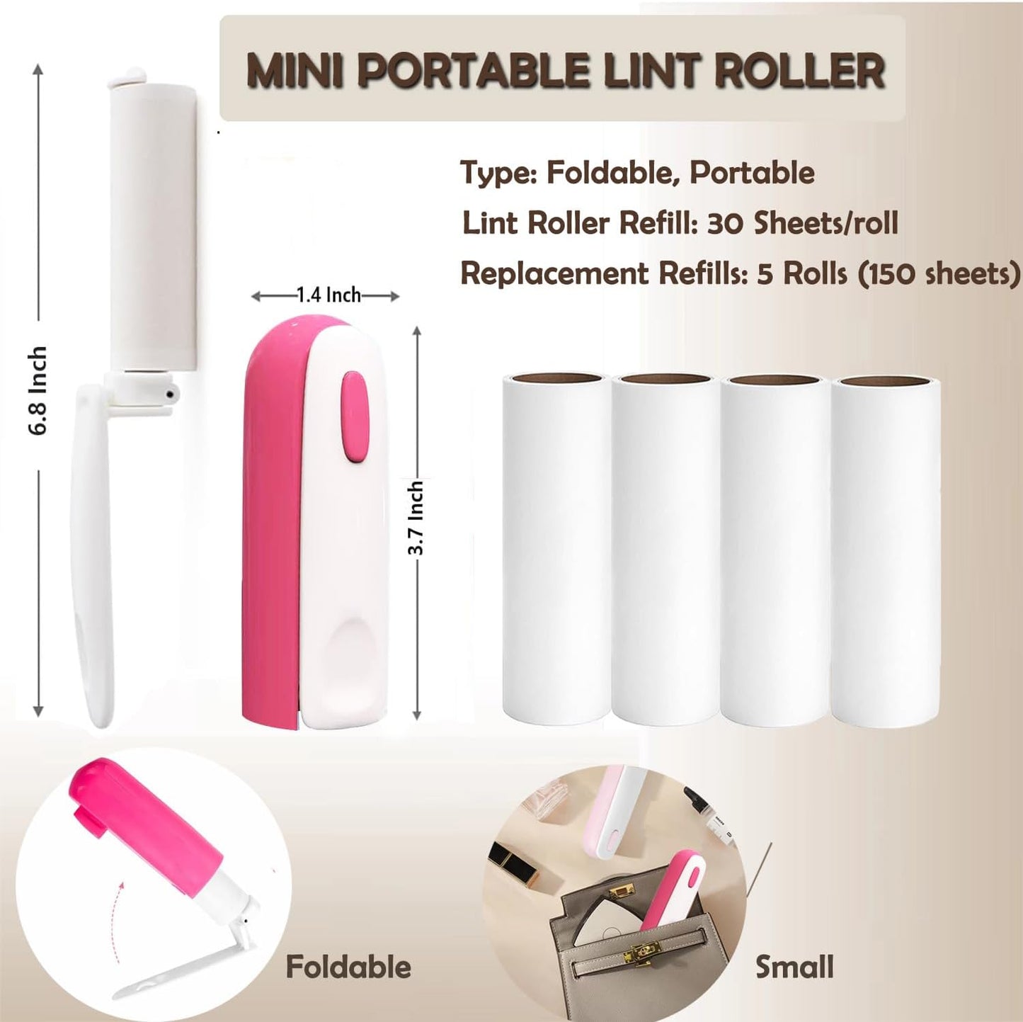 Mini Lint Roller with 150 Sheets, Travel Size Portable Lint Roller Compact Pet Hair Remover with 5 Refills, Sticky Small Lint Remover for Pocket Travel Essentials for Clothes (Rose)