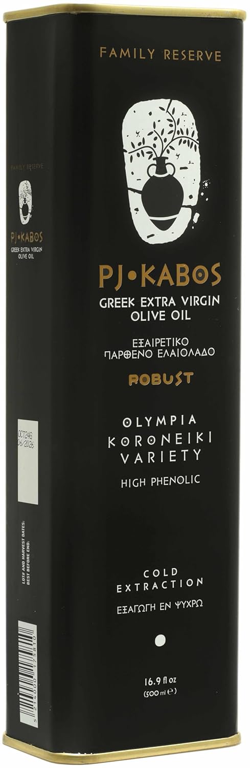 P.J. KABOS 2024/25 Harvest, Very High Phenolic (750+mg/kg), Natural Greek Extra Virgin Olive Oil, Kosher, Greece, Cold Extracted, 16.9 oz Tin, "Family Reserve - Robust"