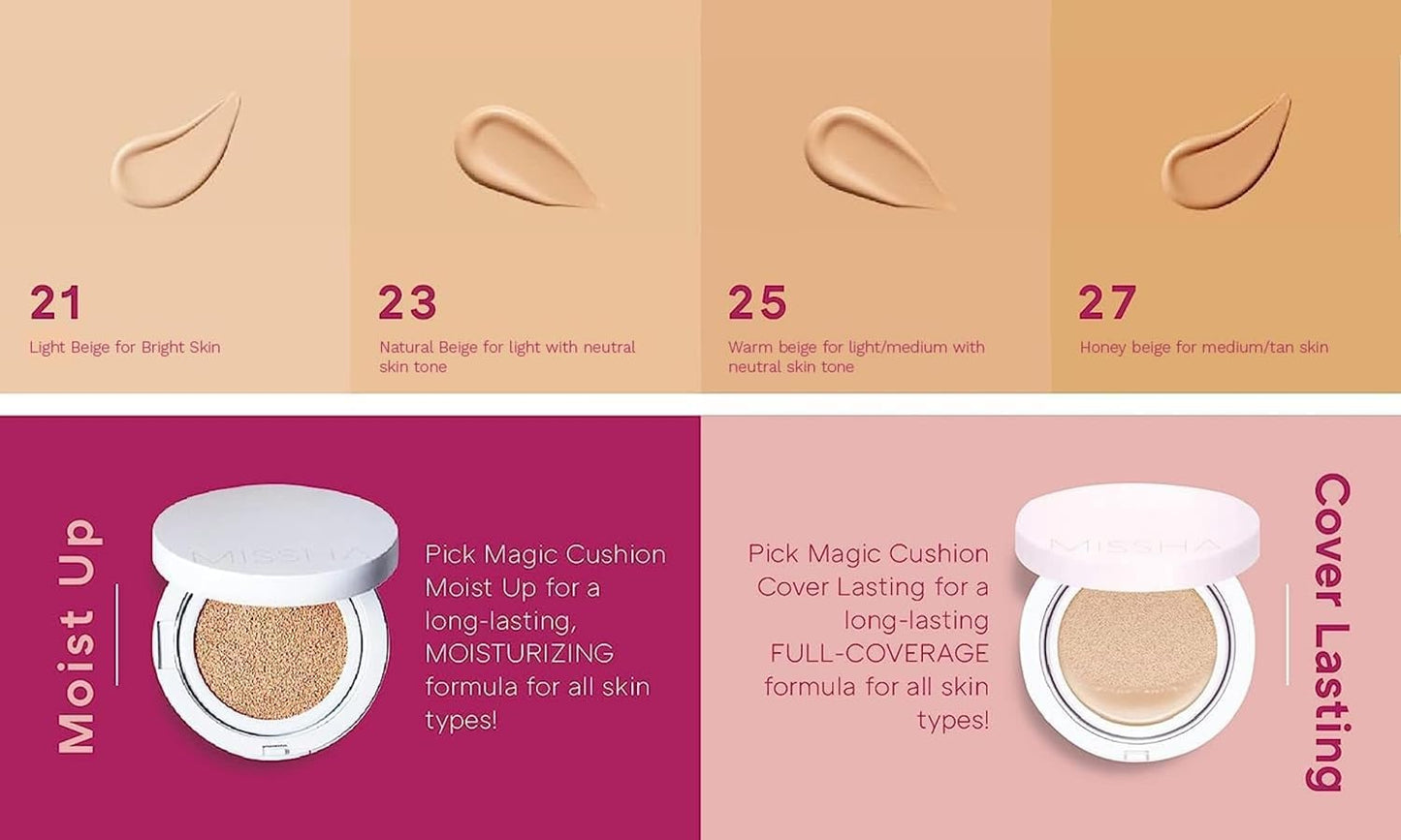 MISSHA Magic Cushion Foundation No.23 (2 Pack) Light Beige for Bright Skin - Flawless Coverage,Dewy Finish,Easy Application for All Skin Types