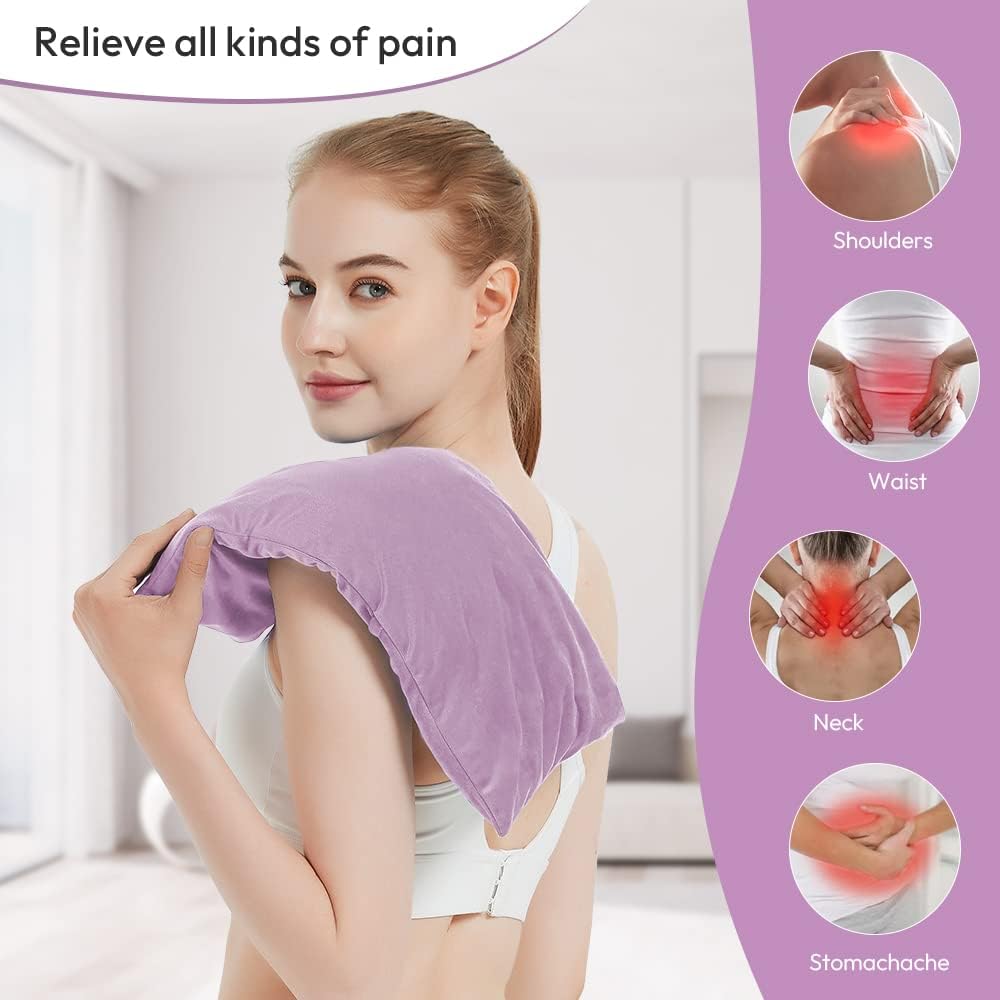 Microwavable Heating Pad with Washable Cover, 8 x 18 Microwave Heating Pad for Neck and Shoulders, Moist Heat Bean Bag Warm Compress for Knee, Joints, Wrist, Abdomen (Purple)