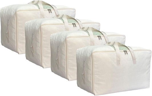 Soft Large Canvas Storage Bags with Zipper and Clear Window, Cotton Linen Storage for Pillows, Quilt, Blankets and Comforter, 80L, 4 Pack, Beige