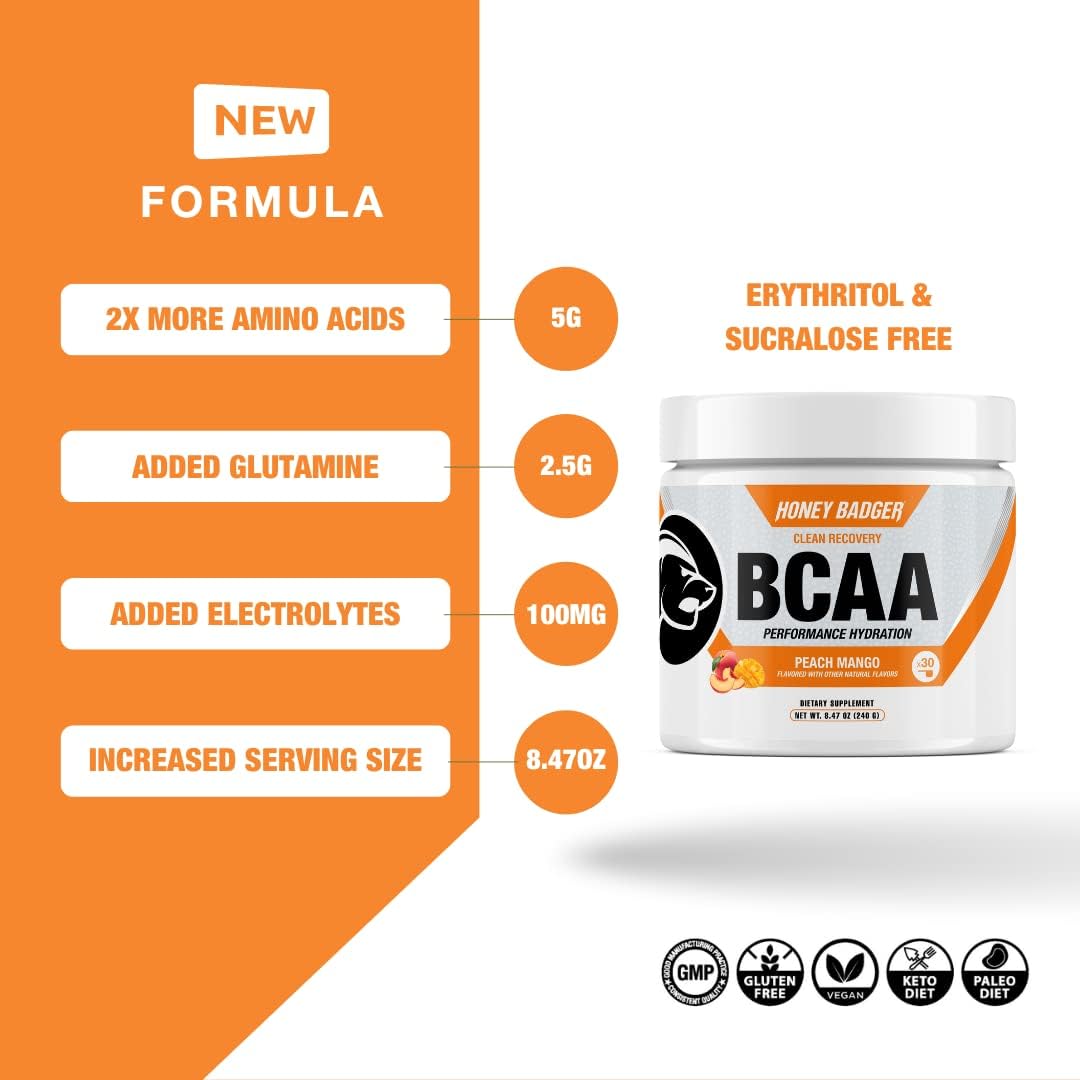 Honey Badger BCAA + EAA Amino Acids Powder, BCAAs + L-Glutamine, Keto, Vegan, Sugar Free for Men & Women, Hydration & Post Workout Muscle Recovery Drink Mix, Peach Mango, 30 Servings