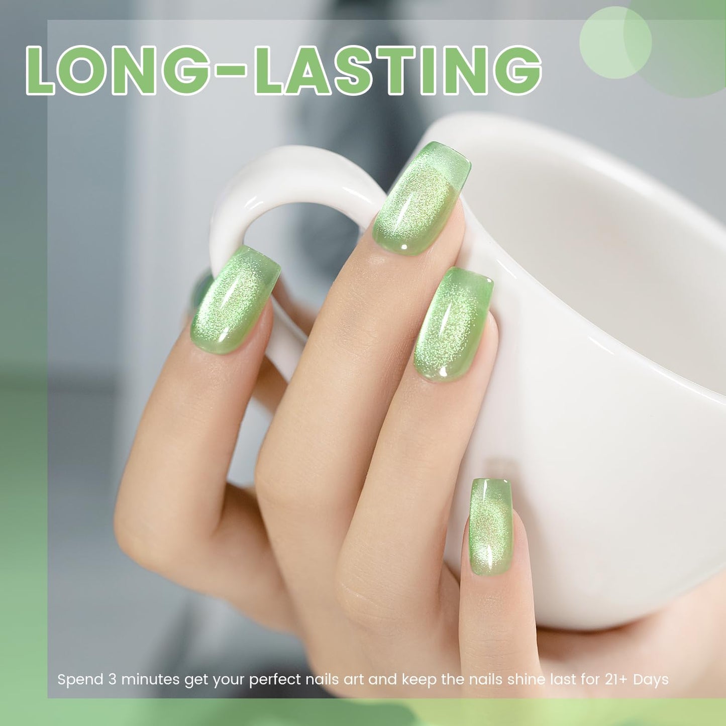 RARJSM Green Cat Eye Gel Nail Polish Set 6pcs Reflective Sparkly Diamond Glitter Nude Pink Blue Purple Clear Glass Cateye Gelpolish with Magnet Stick 7.5ml Curing Requires Soak Off for Home Salon