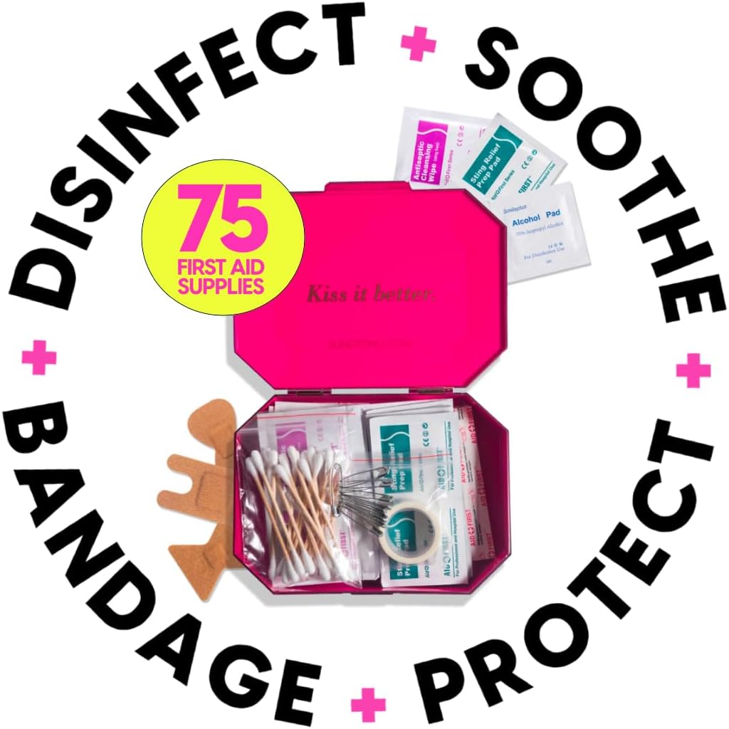 BLINGSTING First Aid Kit - 75 Essential First-aid Supplies, Bandages, Wipes, Gold Travel Case - Multipurpose Mini Emergency Kit for Women - Pink Interior - Compact & Versatile - TSA Approved (1 Count)