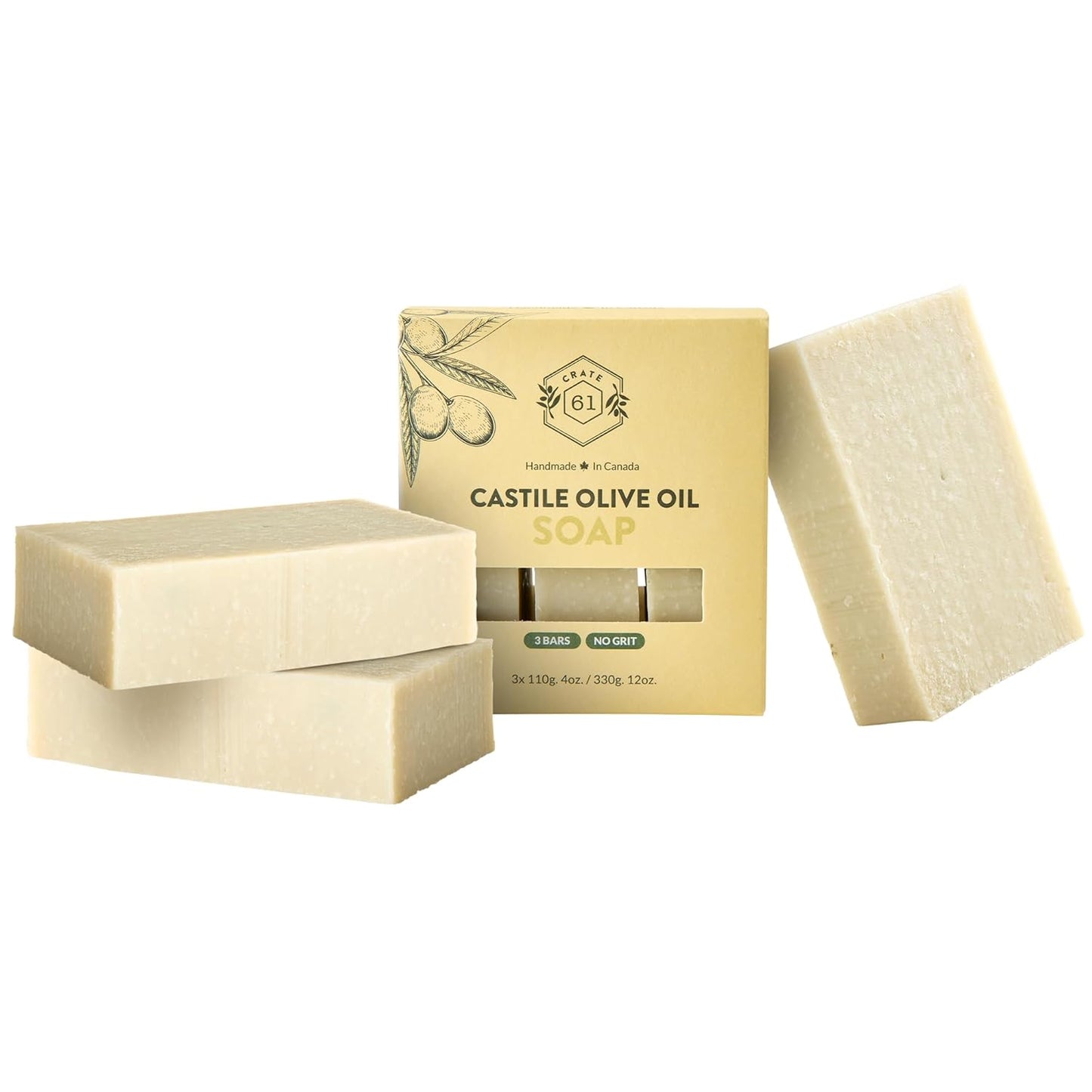 Crate 61, Handmade in Canada, Plant Based Cold Process Natural Bar Soap For Face And Body, With Premium Essential Oils, For Men And Women 3 Pack (Castile (Unscented))