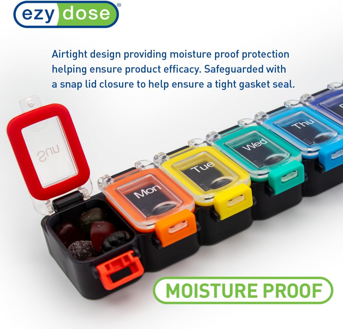 EZY DOSE Weekly (7-Day) Daily Pill Planner, Medicine Case, Vitamin Organizer Container, Waterproof Locking Compartments to Secure Prescription Medication and Prevent Accidental Spilling, Rainbow