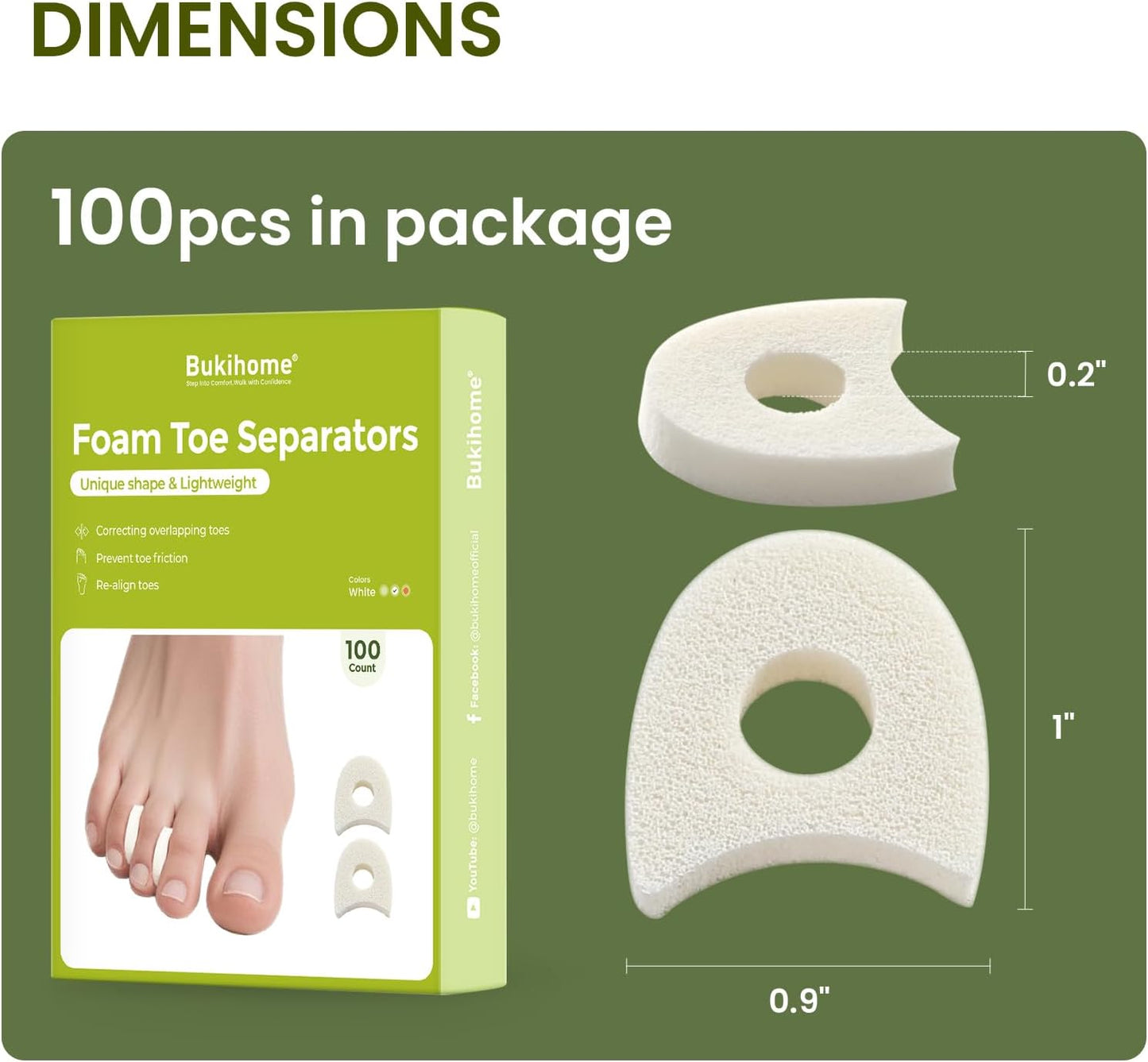 Bukihome 100 Pack Foam Toe Separators - Correct Overlapping Toes and Reduce Friction - Breathable and Comfortable, Foam Toe Spacers for Women