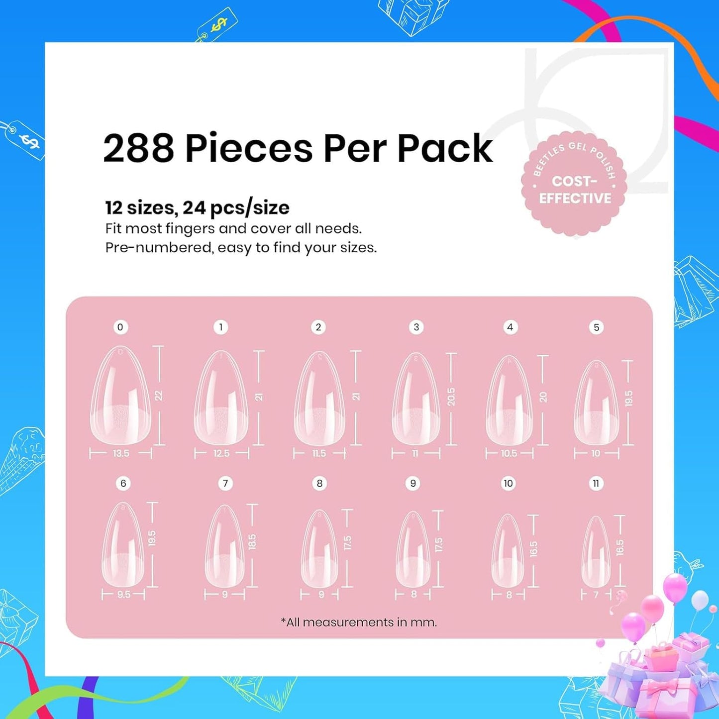 Beetles Short Almond Nail Tips: 12 Sizes 288 PCS Half Matte Full Cover Gel Tips Clear Acrylic Gel Nail Tips Almond Shape for DIY Extension
