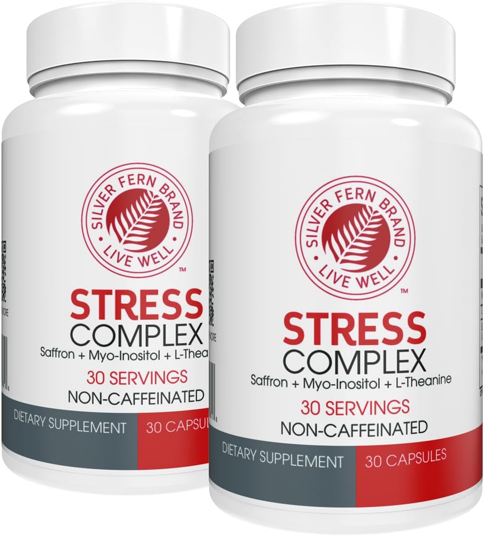 Silver Fern Stress Complex Supplement - Without Caffeine - Sleep, Worry, Mood & More - with Saffron Supplements, L-Theanine Supplement, & Myo-inositol - Natural Stress Relief Supplement (Pack of 2)