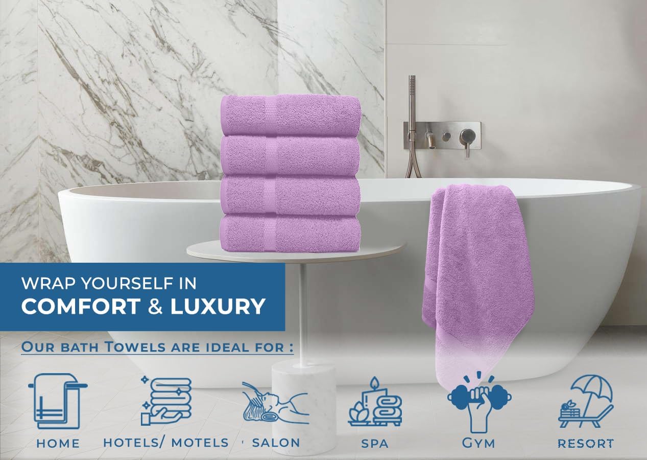DAN RIVER Bath Towels Set of 4, 27 x 54 Inches, 100% Cotton, Larger & Lighter Weight, Quicker to Dry, Super Soft and Absorbent, Ideal Shower Towel for Daily Use, Lavender