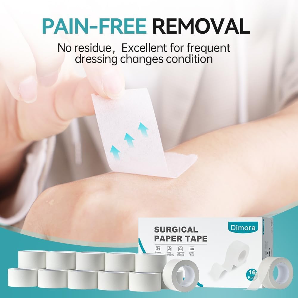 Dimora Paper Medical Tape 16 Rolls- Hypoallergenic White Surgical Tape for Sensitive Skin，Breathable First Aid Wound Tape with Pain-Free Removal，Secures Dressing and Medical Devices -1" x 10 Yards