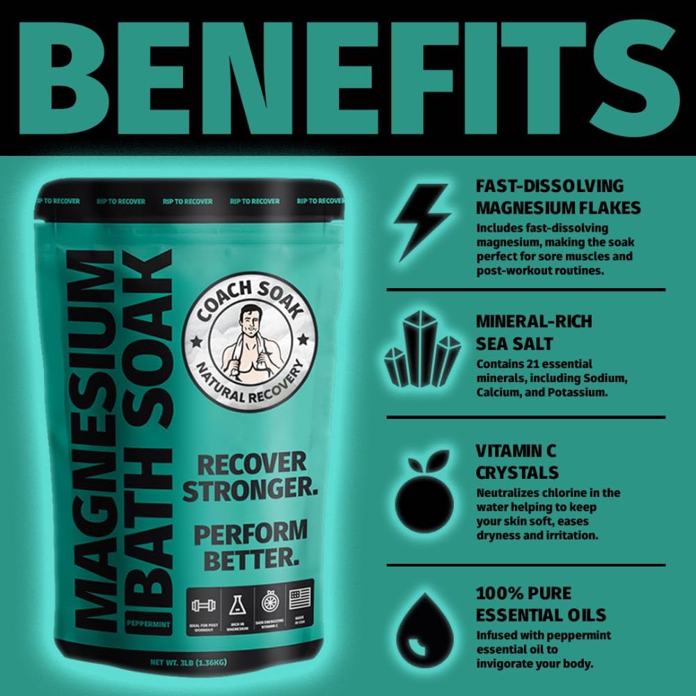 Coach Soak Recovery Bath Soak - Alternative to Epsom Salt Bath Soak - Fast-Absorbing Pure Magnesium Flakes with 21 Minerals, Bath Salts & Essential Oils - 48 oz, Cooling Peppermint