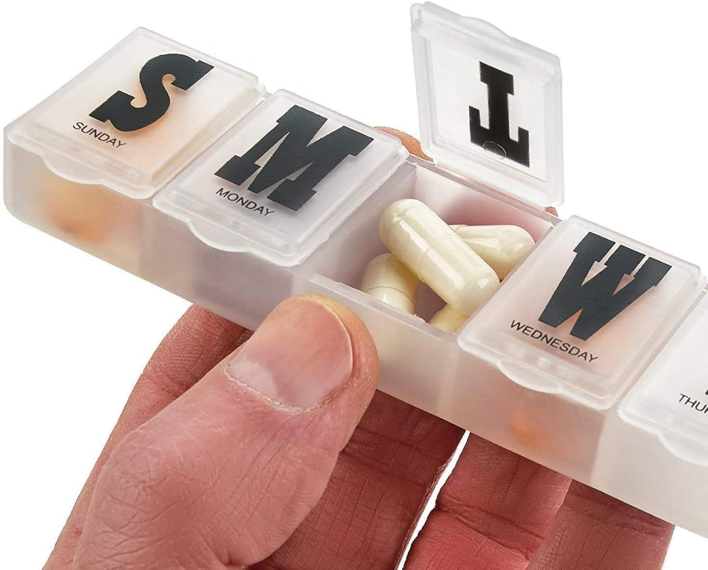 Pill Organizers - Pack of 4 Bold Letter Weekly Pill Planners for 28 Days Total to Separate Supplements, Fish Oils & Vitamins Daily Medication Reminder for Travel & Purse