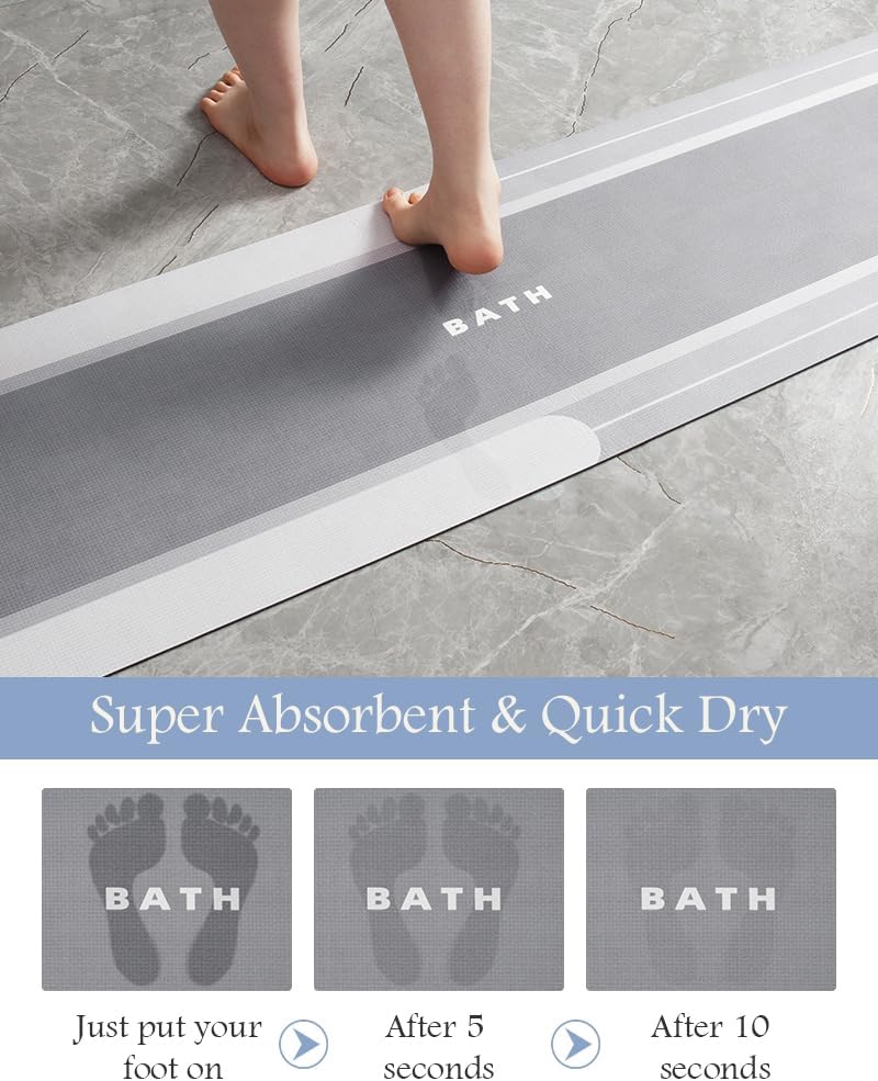MontVoo Long Bath Mat Runner Non Slip Absorbent Stain Resistant Quick Dry Thin Bath Mat (17" x 50") - Grey
