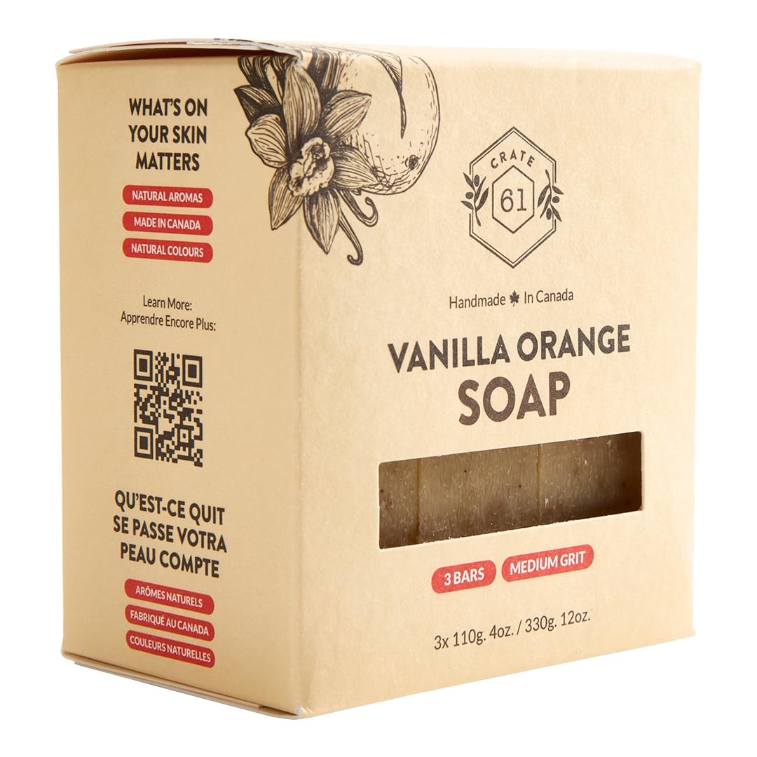 Crate 61 Organics, Handmade in Canada, Plant Based Cold Process Natural Bar Soap For Face And Body, With Premium Essential Oils, For Men And Women 3 Pack (Vanilla Orange)