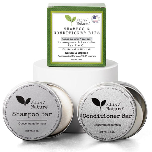 Shampoo Bar and Conditioner with Travel Tins | Lemongrass, Lavender, Tea Tree Oil | Clarifying & Growth | For Oily Hair | USA 2-pk