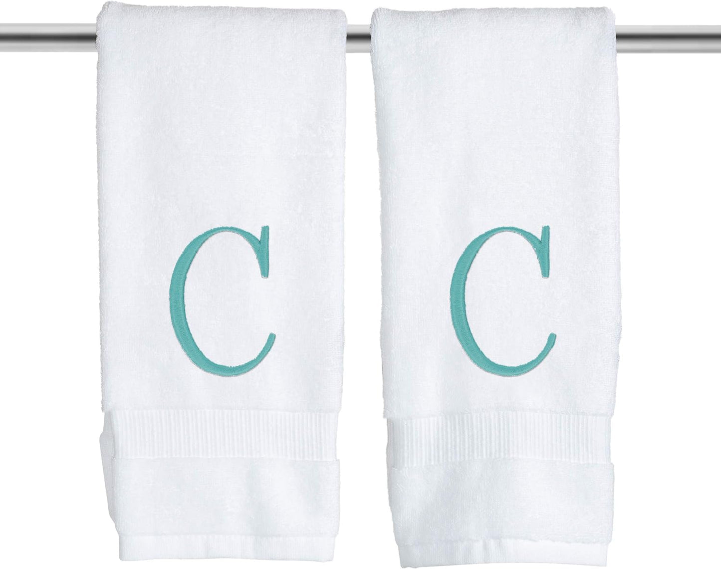 Teal Initial Hand Towel for Bathroom - Monogrammed Luxury Hotel Quality Decorative Embroidered Towel for Powder Room, Spa - GOTS Organic Certified - Set of 2 Letter C