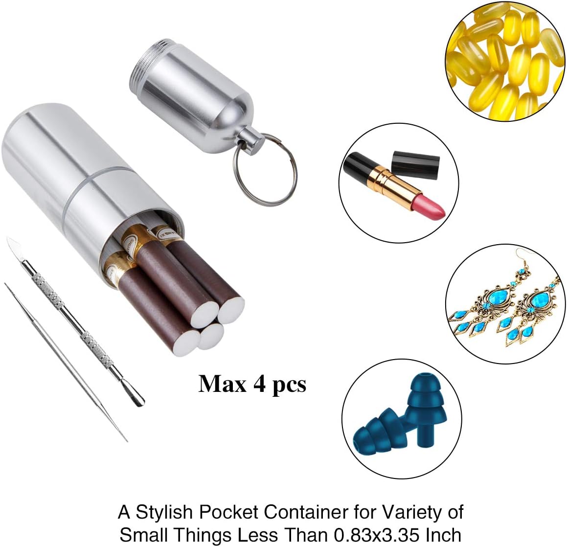 Minisland Large Portable Metal Aluminum Toothpicks Holder Dental Floss Picks Q-tip Pill Holder Keychain Outdoor Travel Small Container Waterproof Silver Color Dia.25mm -MSL143