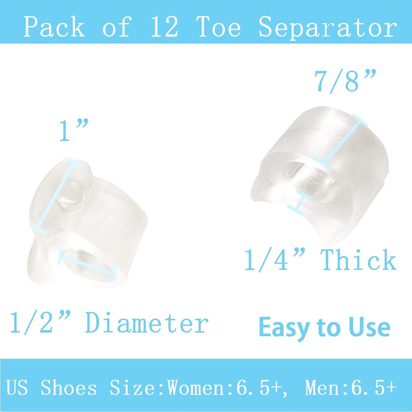 Pack of 12 Gel Toe Separator, (1/4" Thick) Big Toe Spacers, Single Loop Toe Spreader for Bunions, Overlapping Toe, Corrector and Spacer (Clear)