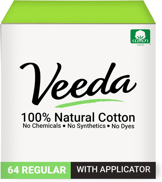 Veeda 100% Natural Cotton Tampons - Regular Absorbency with leak proof protection - Compact BPA-Free Applicator - Unscented & Free from Chlorine, Toxin - 64 Count