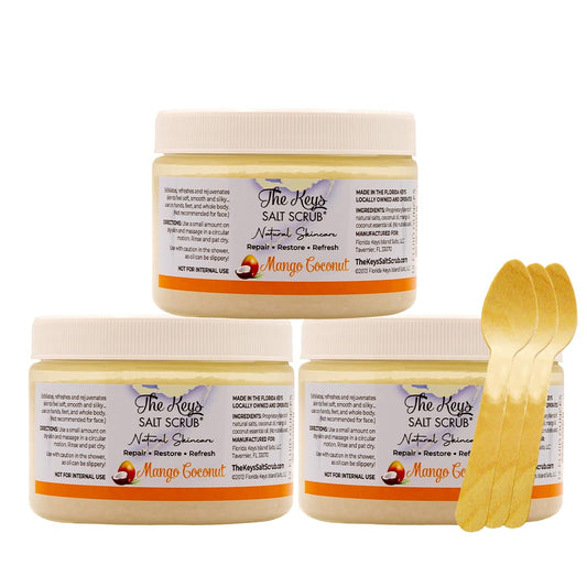 The Keys Salt Scrub -Sea Salt Scrub - Exfoliating Body Scrub with Wooden Spoon - Moisturizing Exfoliator for Hands, Foot, Bath, (12 Ounce (Pack of 3), Mango Coconut)